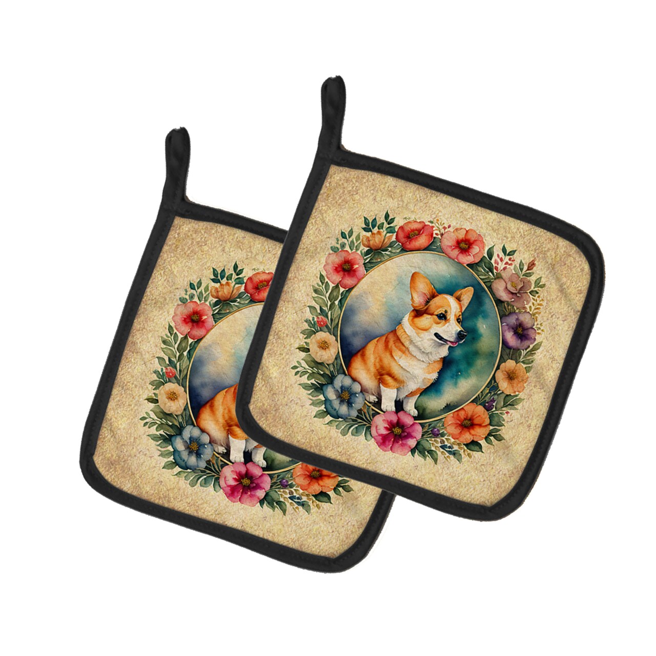 Caroline's Treasures Corgi and Flowers Pair of Pot Holders